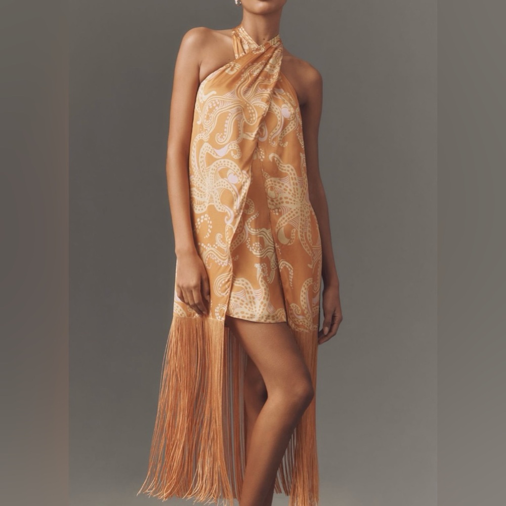FARM Rio Orange Paisley Halter Fringe Mini Dress - Picture 2 of 12